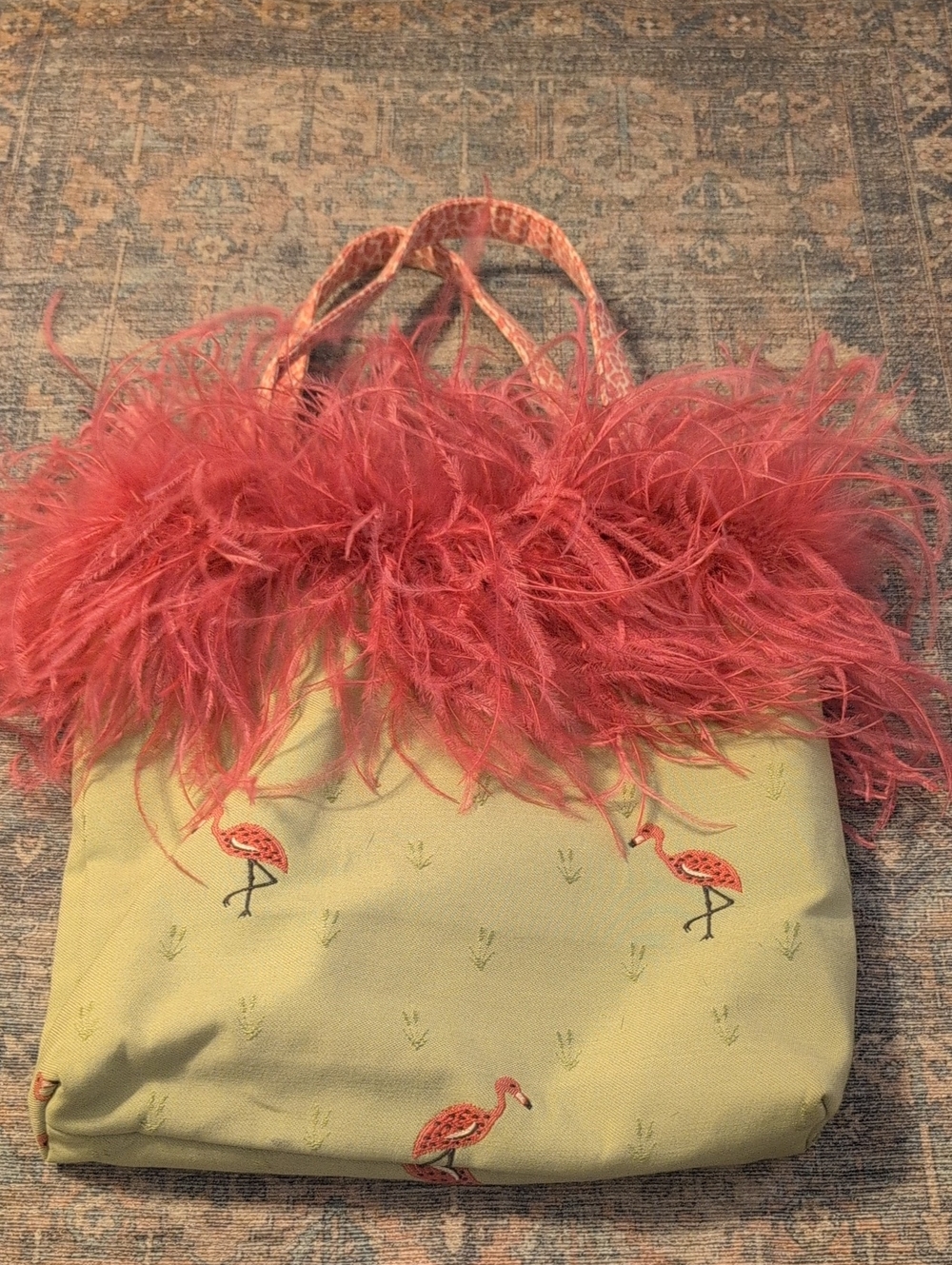 Feather Trim Flamingo Tote Bag in Coral and Lime - Unbranded